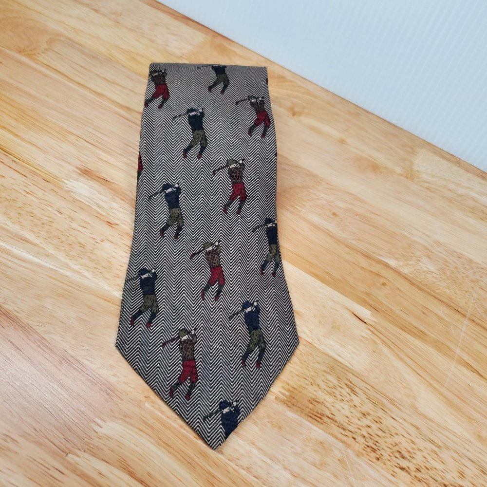 Britches Silk Tie Old Timey Golfers Swinging on Herringbone Pattern Necktie